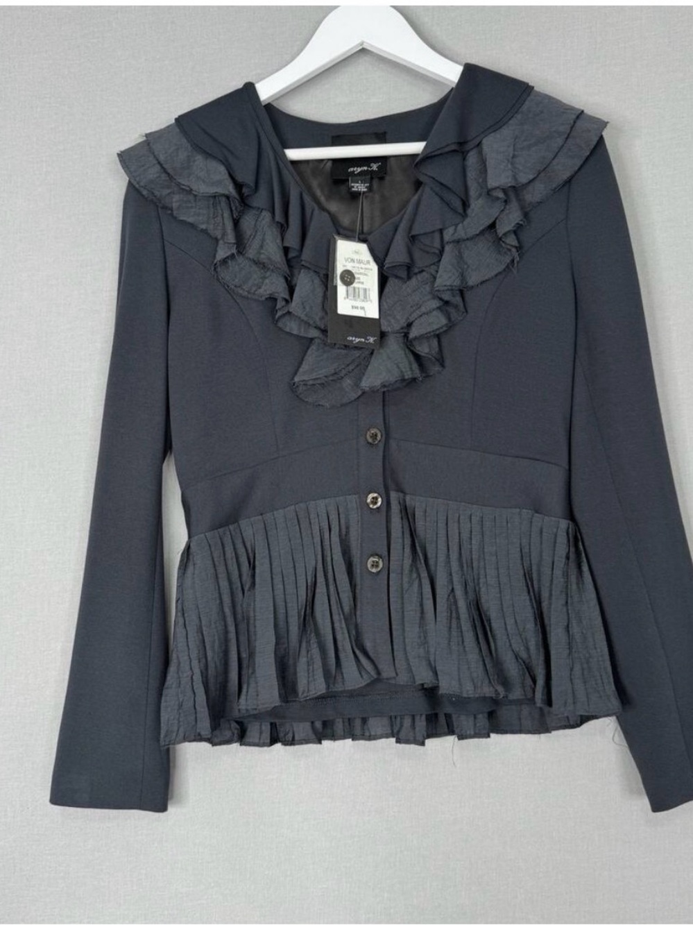 Aryn K. Womens Jacket L Gray Ruffle Button Cardigan Victorian Whimsigoth Fairy
